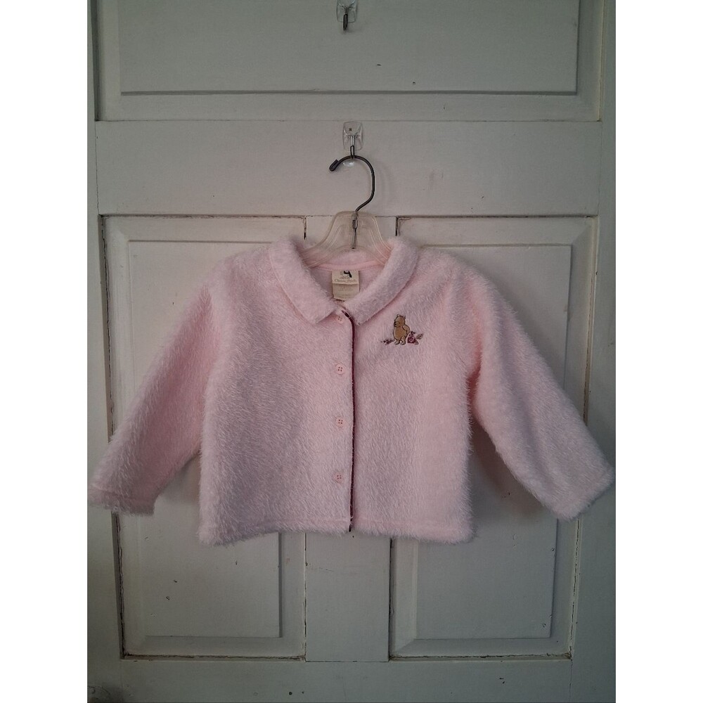 Fuzzy Plush Pink Baby Cardigan Jacket with Classic Pooh Bear Embroidery Sz 18 M